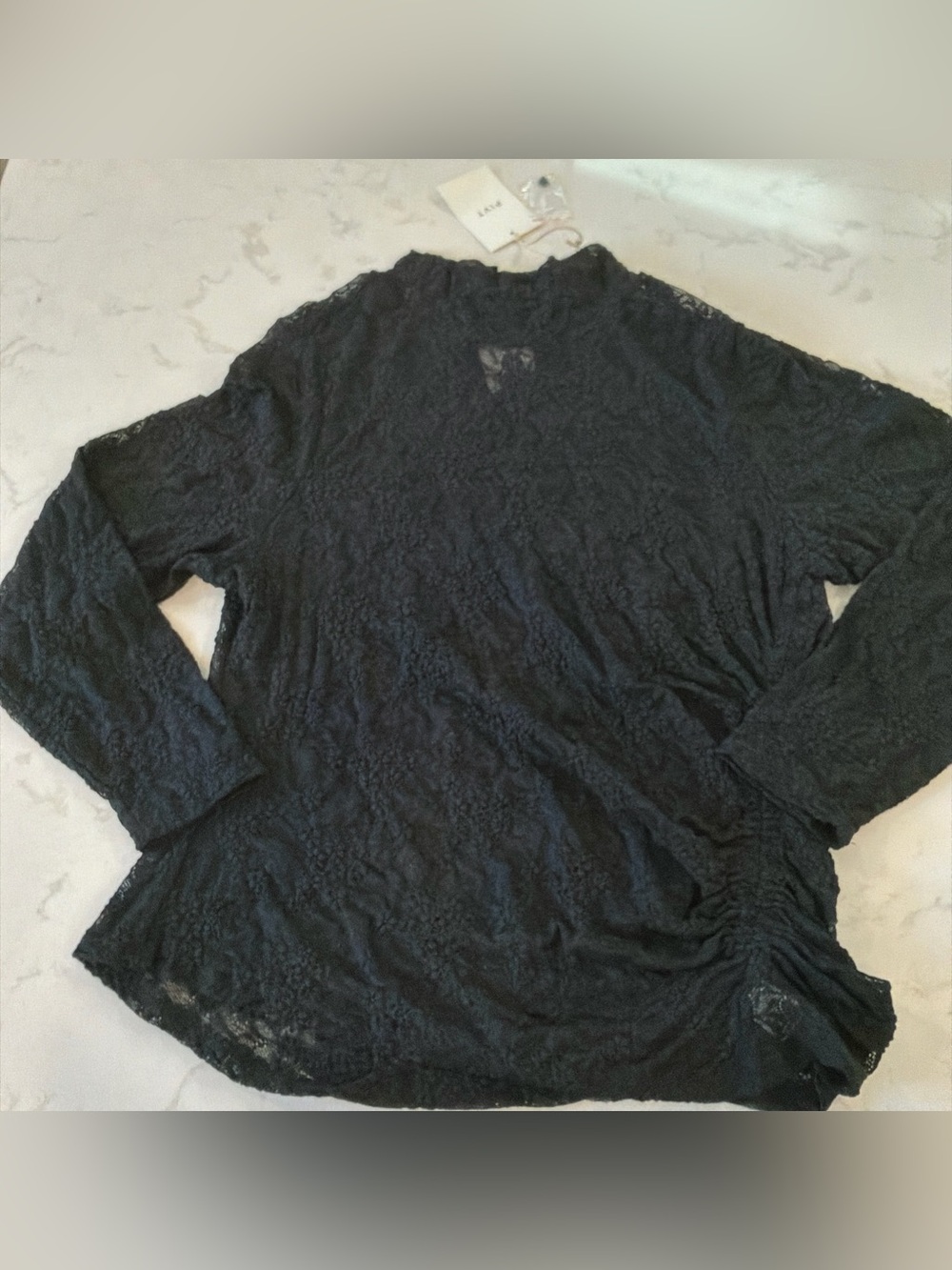 NWT The PIVT Edit Plus Size 3X Black Lace Long Sleeve Top Side Rouched Sheer
